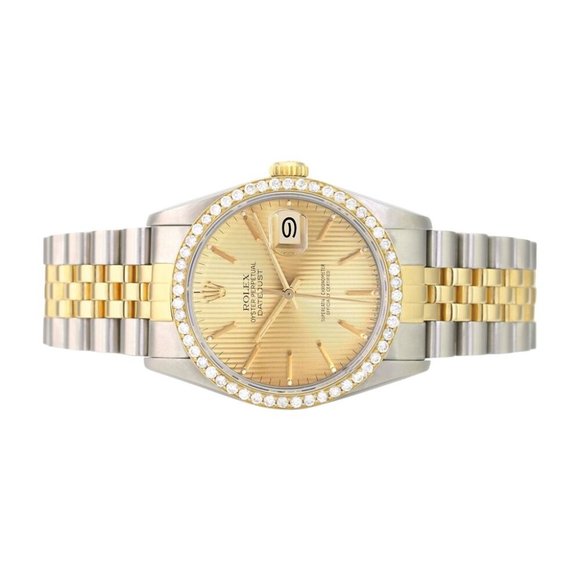 ROLEX DATEJUST CHAMPAGNE TAPESTRY INDEX DIAL DIAMOND 18KY & STEEL JUBILEE 16233 - Picture 4 of 7